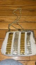 Vtg Silver Gold White Beaded Clutch Purse Evening Bag Hand Made in Hong Kong