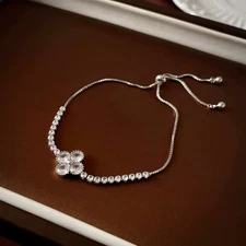 2 PCS Shiny Four-Leaf Flower Zircon Bracelet Adjustable CZ Link Chain Bracelets 