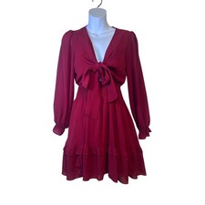 Womens Red Long Sleeve Tie Front Smocked Waist Ruffle Mini Dress