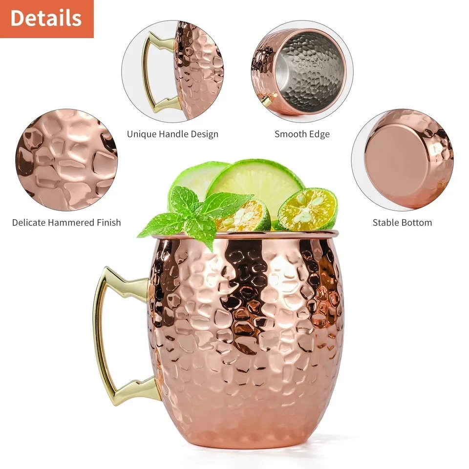 Juego de 4 tazas de cobre martillado Moscow Mule de 16 OZ con acero inoxidable 304... Foto 3 de 4