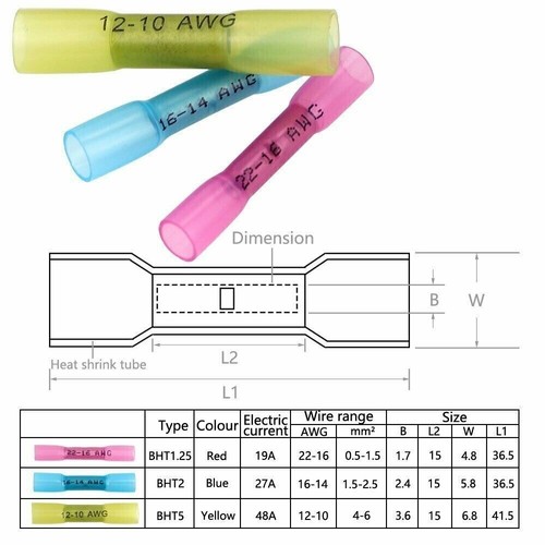 22-10AWG Heat Shrink Butt Wire Splice Connectors Seal Crimp Terminal 500/100pcs - Picture 2 of 15