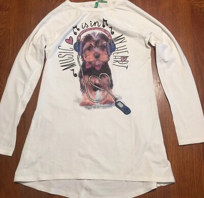 VTG 1990s Benetton Long Sleee T-Shirt- Yorkie Dog- Music theme- Girls Size L/XLG