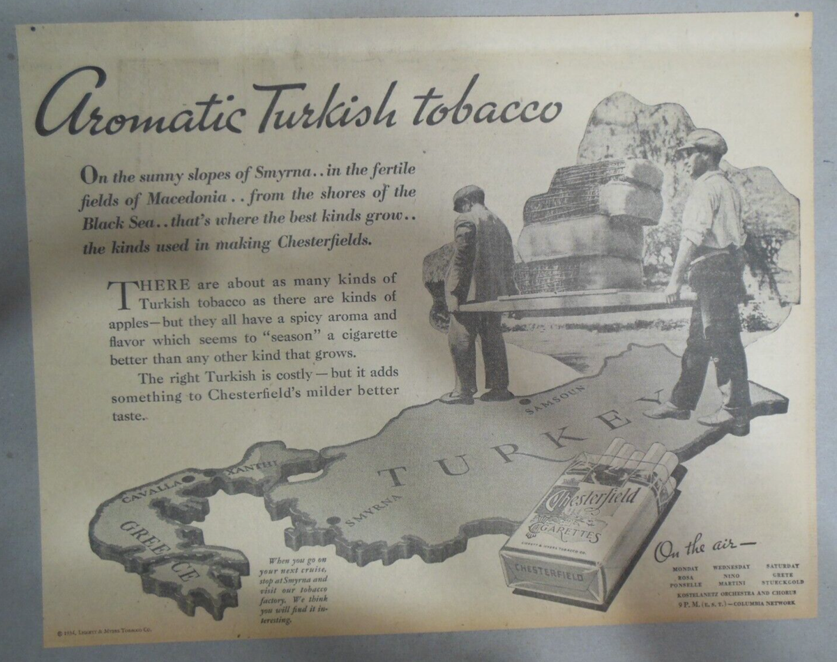 Chesterfield Cigarettes Ad: Aromatic Turkish Tobacco 1934 Size: 11 x 14  inches