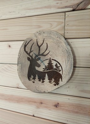 Whitetail Deer Scene Log Slice Wall Decor 10''x11''x2''