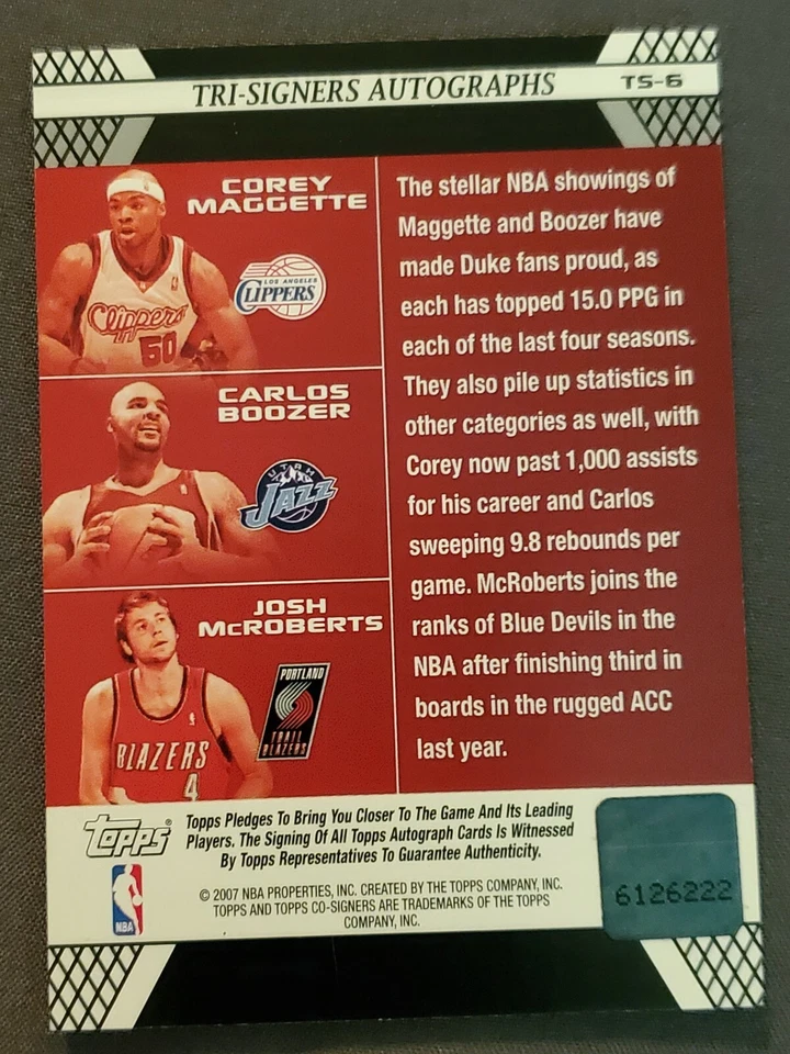 topps 07 tri co-signers maggette, boozer, Mcroberts - Image 2 of 2