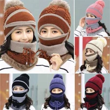 Women Winter Warm Knitted Beanie Pom Bobble Hat Cap Scarf Neck Face Cover Set US