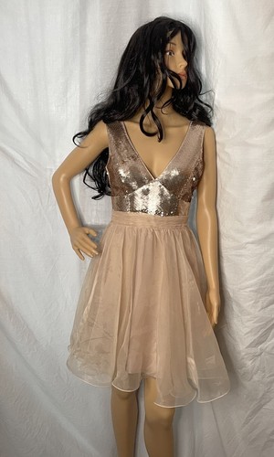 Lypsy Y2K Champagne Colour Baby Doll Dress, Sequin Bodice/Chiffon Skirt Size 8 - Picture 2 of 12