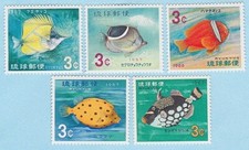 5 TROPICAL FISH STAMPS RYUKYUS JAPAN POSTAGE 1966 CLOWN 1967 PUFFER YELLOW TANG