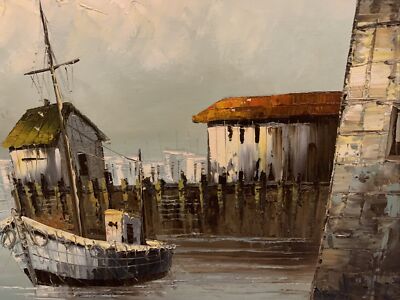 Ships in A Harbor Fishing Boats Original Oil Painting by W. Jones