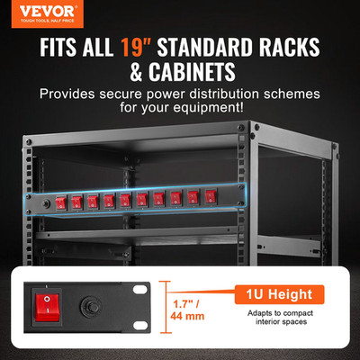 VEVOR 19'' 1U PDU 10 Outlets Rack Mount Power Strip Surge  Overload Protection