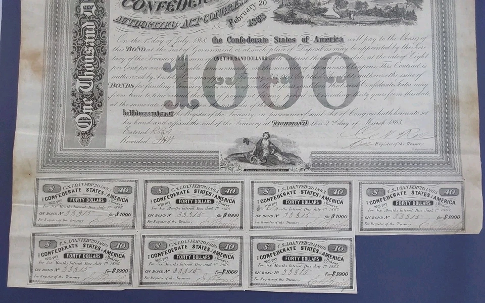 1863 Confederate States of America $1000 Bond with 7 Coupons Sotherbys London - Image 4 of 4