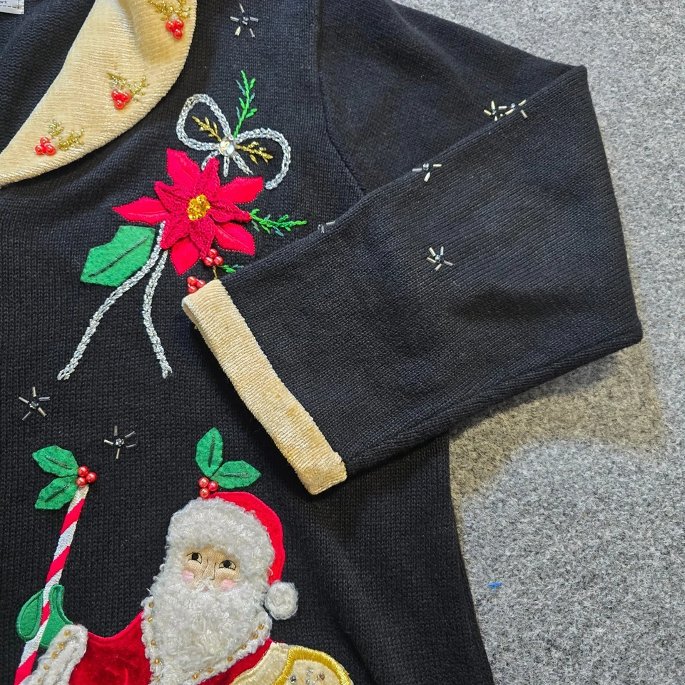 Suéter de punto Storybook para mujer talla 1X negro Navidad vacaciones Papá Noel cuentas feo Foto 4 de 4