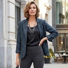 Chico's Blazer Large Women 2 Blue Teal Black Textured Boucle Career Professional