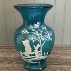 Nancy Fenton Signed Blue Fenton Mary Gregory, Boy And Chicken On Fence Vase