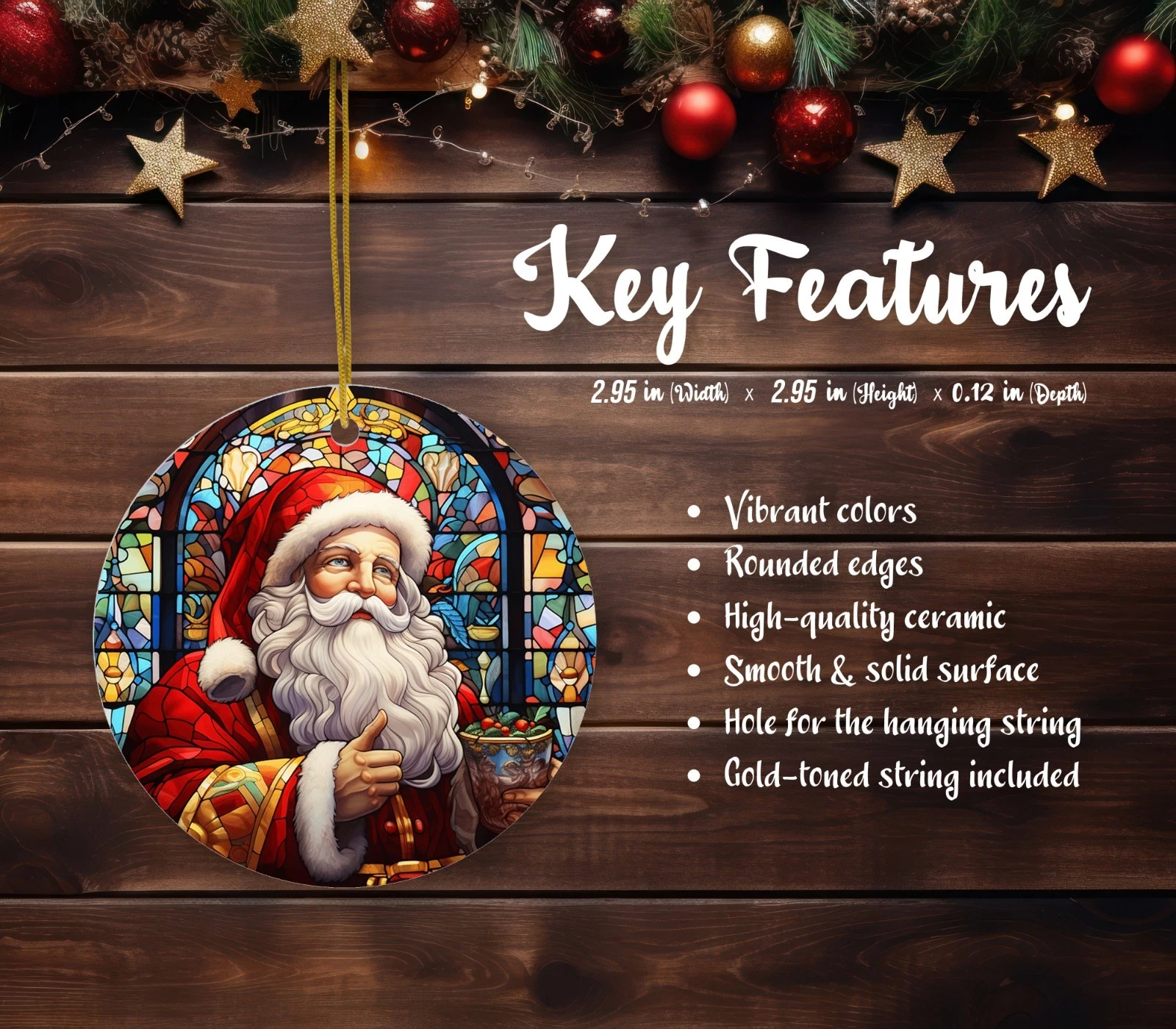 Faux Stain Glass Santa Ceramic Ornament Christmas Decor