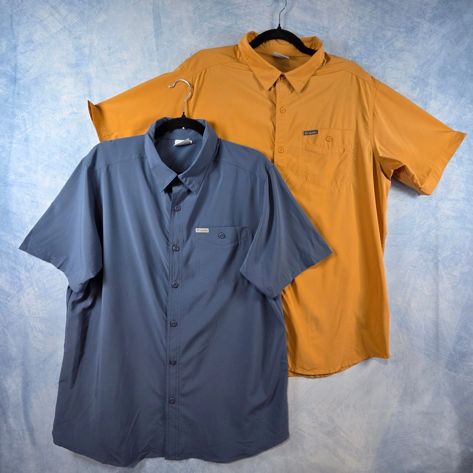 Columbia Mens Short Sleeve Button Up Shirt Lot 2 Large Yellow Blue Hiking Trail