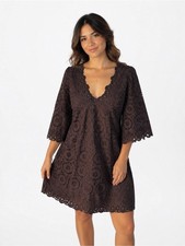 Alice & Trixie Dark Brown Eyelet Scalloped Neck 3/4 Bell Sleeves Mini Dress M