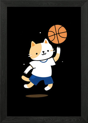 Gerahmtes Wandbild Poster Leinwanddruck Bild Cartoon Katze spielt Basketball