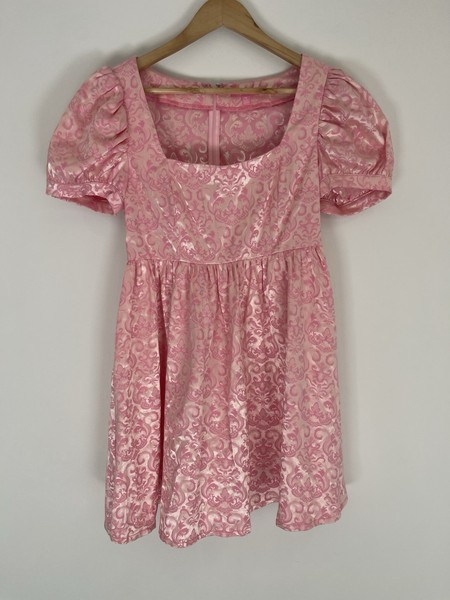 Sugar Thirllz Elegant Obsession Pink Satin Baby Doll Dress Size M Puff Sleeve