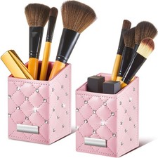 ReliThick 2 Pcs Pink Makeup Brush Holder, Crystal Bling PU Leather