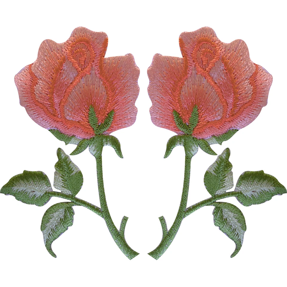 Pair of Peach Pink Rose Patches Iron Sew On Embroidered Roses Flower Patch Badge