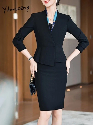 Women Office Sets New Long Sleeve V Neck Slim Suits Blazers Chic Skirt Suits - Picture 3 of 30