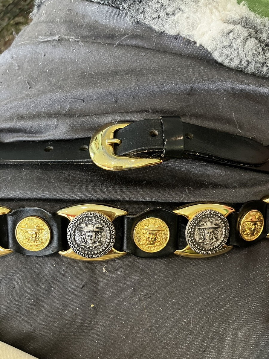 Estro Versa Versace Gold and Black Medusa Leather Adjustable Belt