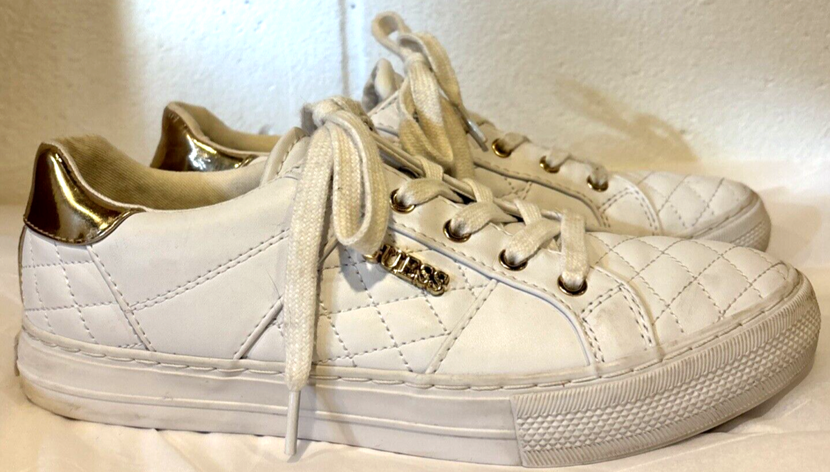 Guess Women's Loven Casual White Sneakers Shoes Quilted Gold Trim