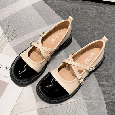 Womens 2022 Fashion Two Tone Crossover Buckle Straps Lolita Mary Jane Shoes MO