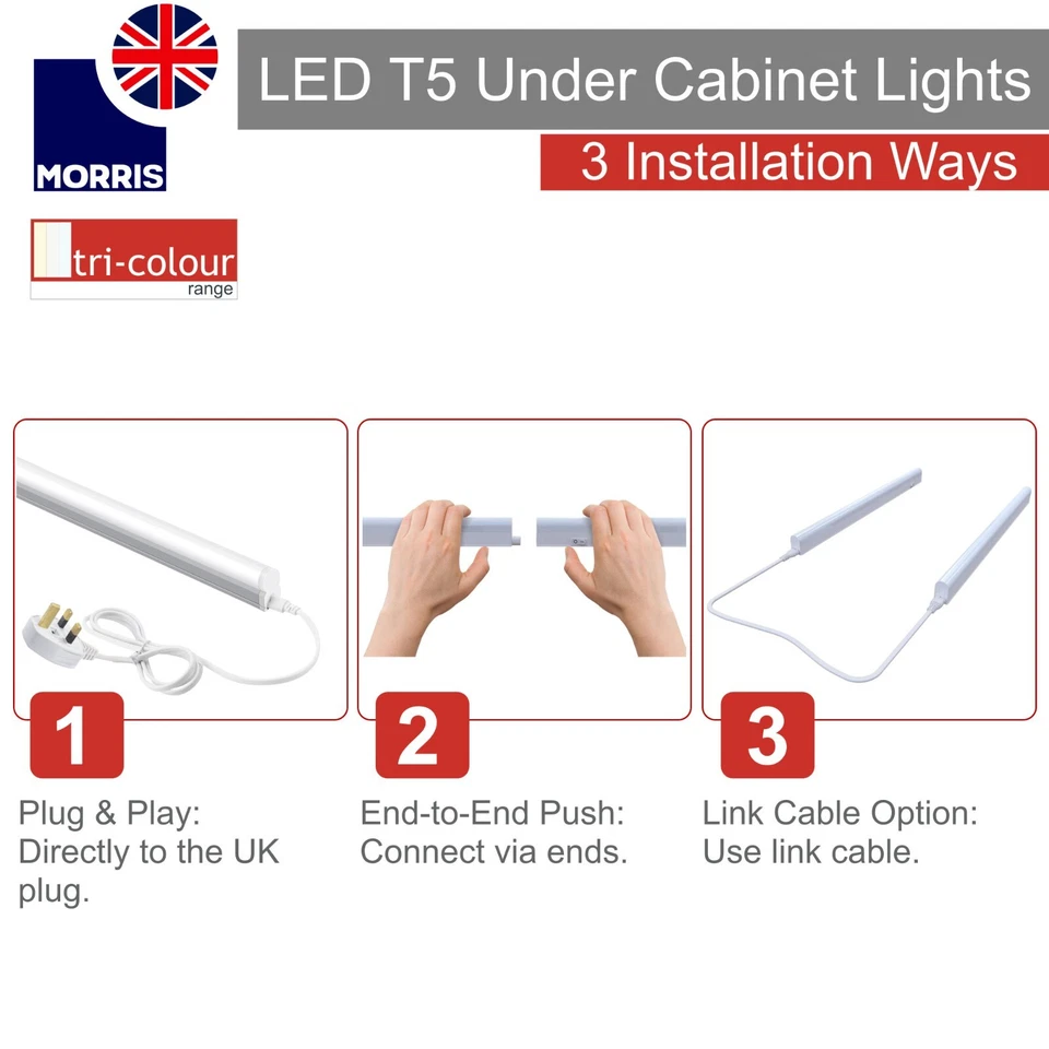 LED Under Cabinet Light 288mm T5 Linkable 3 in 1 3000k 4000k 6500k Pack of 2 - Image 3 of 4