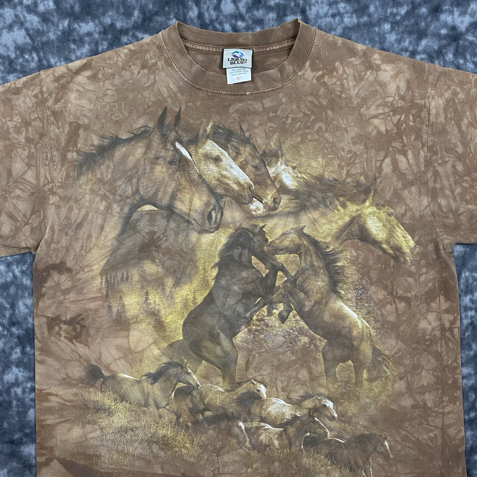 T shirt blu liquido tie dye taglia grande cavalli pony stallone Montana Big Sky Y2K