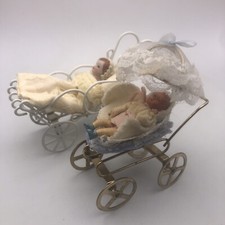Lot of 2 Dollhouse Wire Metal Stroller White Gold Baby Carriage Pram w/ Doll