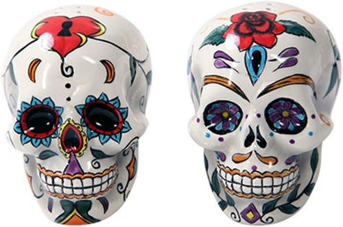 Salero y pimentero calavera día de los muertos - colorida decoración de estatuilla de 5" - Imagen 2 de 12