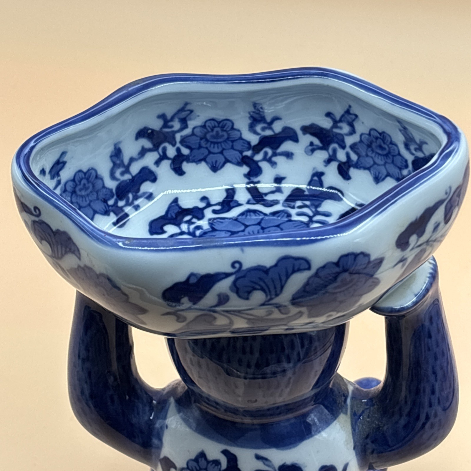 Vintage Chinoiserie Porcelain Monkey Blue White Holding Bowl Trinket Dish Soap