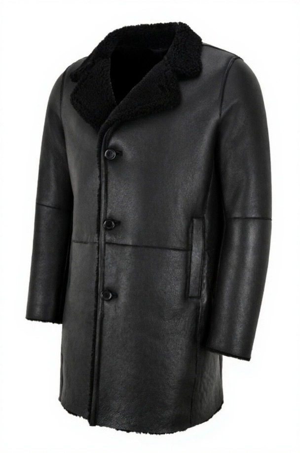 Men Black Shearling Sheepskin Coat – Trench Reefer Warm Winter Jacket Outerwear image 4