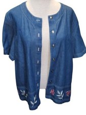 Vintage Koret City Blues Denim Short Sleeved Top Womens Size 16 Button Up
