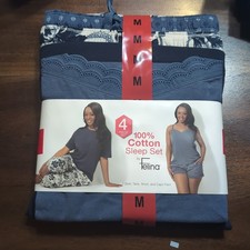 Felina Women's 4-Piece 100 Cotton Sleep Set, Blue, Medium