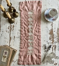 Antico runner da tavolo in lino rosa edoardiano 16" filetto uncinetto pizzo punto popcorn