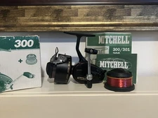 Vintage Mitchell 300 Fixed Spool Fishing Reel, Spare spool, Box, Paper Work, VG