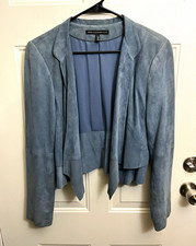 White House Black Market Women s Blue Suede Draped Open Front Jacket L