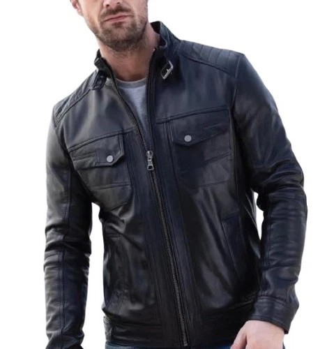 Leather Jacket Men's Classic Biker Motorcycle Bomber Men Racer Soft Zip Blue 22 video thumbnail