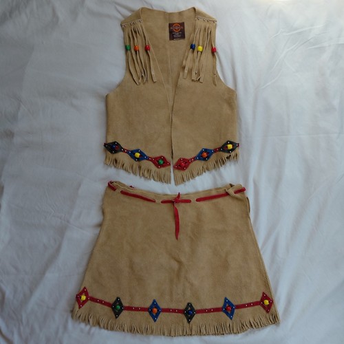 Vintage 1970s John R. Craighead Suede Fringe Bead Vest Skirt Set Western Boho XS