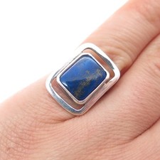 FELICE 925 Sterling Silver Vintage Real Lapis Lazuli Modernist Ring Size 5