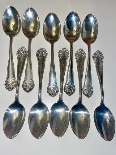 10 GORHAM LANCASTER ROSE STERLING SILVER TEASPOONS, PLUS TWO BONUS SILVER PLATED