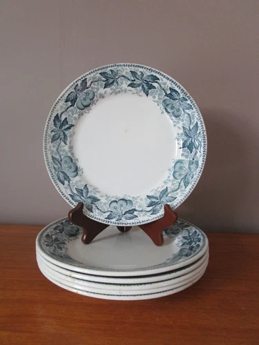 6 Antique BADONVILLER Cherry Model Flat Plates Blue Green Decor