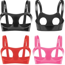 Women's PVC Leather Hollow Out Breast Exposing Bras Cupless Erotic Porn Lingerie