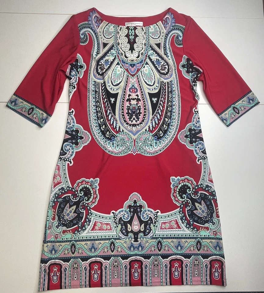 Vestido Sandra Darren Feminino Vermelho Multicolorido Paisley Manga 3/4 Tamanho 6 - Imagem 4 de 4