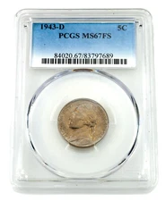 1943-D 5C Jefferson Nickel Graded by PCGS as MS67FS Full Steps