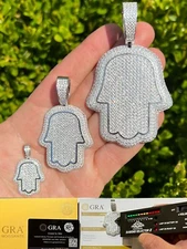 Real 925 Sterling Silver MOISSANITE Hamsa Hand Iced Pendant Passes Tester