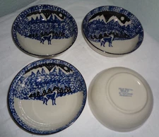4 TIENSHAN Folkcraft DINNERWARE Blue Sponge Wolf Bowls Snow Mountains